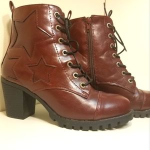 Dark red high-ankle heeled booties